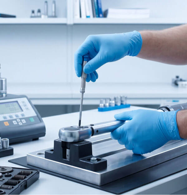 Técnico calibrando pesas patrón en laboratorio