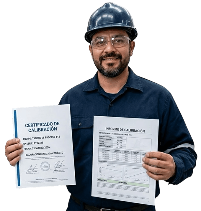 Técnico mostrando certificado e informe de calibración