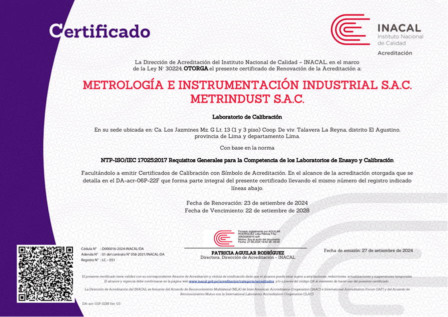 Certificado de acreditación INACAL de METRINDUST